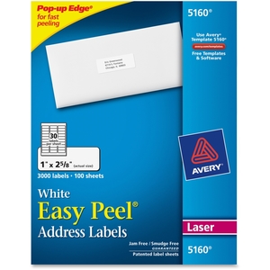 Avery 5160 Laser Labels, Mailing, 1"x2-5/8", 3000/BX, White by Avery