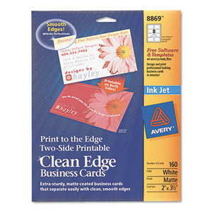 Avery 8869 Print-to-the-Edge 2-Sided Clean Edge Business Card, Inkjet, 2x3 1/2, Wht, 160/Pk by AVERY-DENNISON