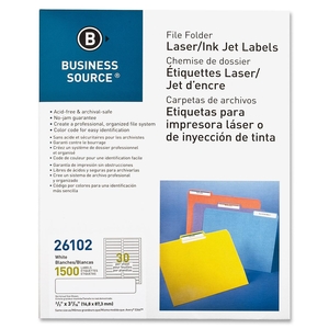 Business Source 26102 File Folder Labels,Laser/Inkjet,2/3"x3-7/16",1500/PK,White by Business Source