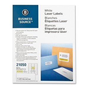 Business Source 21050 Mailing Label, Laser, 1"x2-5/8", 3000/PK, White by Business Source