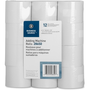 Business Source 28650 Adding Machine Paper Rolls, 2-1/4"x150', 12/PK, White by Business Source