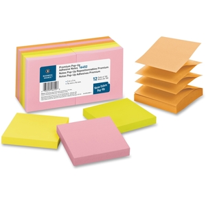 Pop-up Adhesive Note Pads,3"x3",100 Sh,12/PK, AST Neon by Business Source