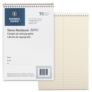 Business Source 26741 Steno Notebook,Greg Ruled,6"x9",70 Sheets,Green Paper by Business Source