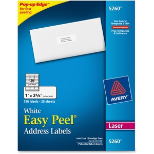 Avery 5260 Laser Labels, Mailing, 1"x2-5/8", 750/PK, White by Avery