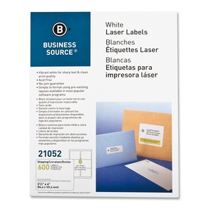 Business Source 21052 Mailing Label, Laser, 3-1/3"x4", 600/PK, White by Business Source