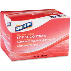 Stir Sticks/Straws, Plastic, F/Hot/Cold,1000/BX,5-1/2",WE/RD by Genuine Joe