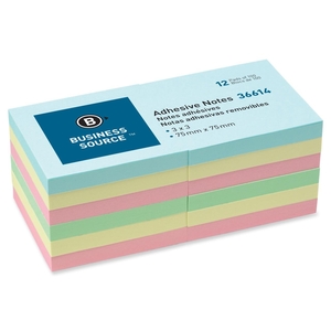 Business Source 36614 Adhesives Notes,Plain,3"x3",100 Sheets/PD,12/PK, AST Pastel by Business Source