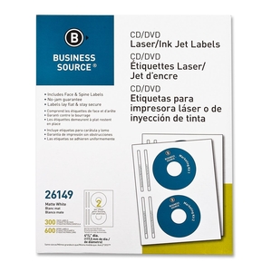 Business Source 26149 CD/DVD Labels, Laser/inkjet, 300/PK, White by Business Source