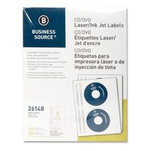 Business Source 26148 CD/DVD Labels, Laser/Inkjet, 100/PK, White by Business Source