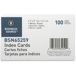 Business Source 65259 Index Cards, Ruled, 72 lb., 3"x5", 100/PK, White by Business Source