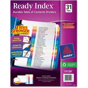 Avery 11129 Index Dividers,T/Contents,1-31 Tab,3HP,8-1/2"x11",1/ST,Multi by Avery