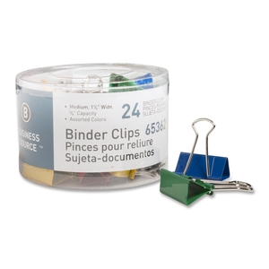 Business Source 65362 Binder Clips, Medium 1-1/4"W, 5/8" Capacity, 24/PK, Assorted by Business Source
