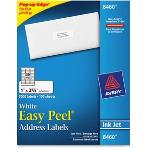 Avery 8460 Inkjet Labels, Mailing, 1"x2-5/8",3000/PK, White by Avery