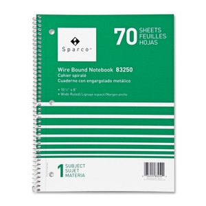 Sparco Products 83250 Notebooks,1 Subject,10-1/2"x8",Wide Ruled,70 Sht,AST by Sparco