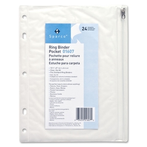 Ring Binder Pocket,w/ Zipper,Vinyl,Hole Punched,10"x8",CL by Sparco