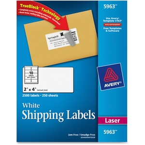 Avery 5963 Laser Labels, Mailing, Permanent, 2"x4", 2500/BX, White by Avery