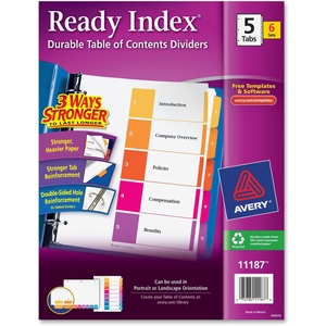 Avery 11187 Ready Index Dividers,TOC,1-5 Tab,3HP,8-1/2"x11",6/ST,Multi by Avery