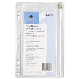 Ring Binder Pocket,w/ Zipper,Vinyl,Hole Punched,9-1/2"x6",CL by Sparco
