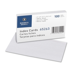 Business Source 65263 Index Cards, Ruled, 72 lb., 5"x8", 100/PK, White by Business Source