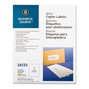 Business Source 26133 Full Sheet Labels, 8-1/2"x11", 100/PK, White by Business Source