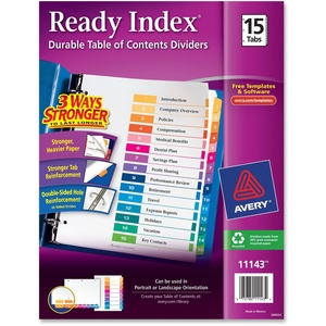 Avery 11143 Ready Index Dividers,TOC,1-15 Tab,3HP,8-1/2"x11",1/ST,Multi by Avery