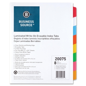 Business Source 20075 Write-on Tab Indexes, 8-Tab, 11"x8-1/2", 8 Tabs/ST, Multi by Business Source