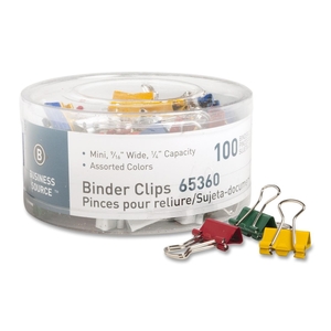 Business Source 65360 Binder Clips, Mini, 9/16"W, 1/4" Capacity, 100/PK, Assorted by Business Source