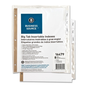 Business Source 16479 Index Dividers, 8-Tab, 11"x8-1/2", White Stock/Clear Tabs by Business Source