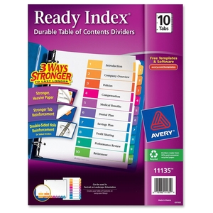 Avery 11135 Ready Index Dividers,TOC,1-10 Tab,3HP,8-1/2"x11",1/ST,Multi by Avery