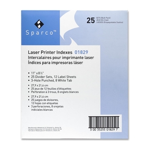Sparco Products 01829 Laser Printer Indexes, Punched, 8-Tab, 25 ST/PK, White by Sparco