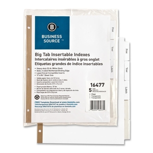 Business Source 16477 Index Dividers, 5-Tab, 11"x8-1/2", White Stock/Clear Tabs by Business Source
