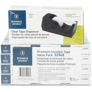 Business Source 32948 Tape Dispenser Value Pack,1"Core, 3/4"x1000", 12/PK, BLK by Business Source