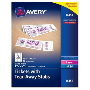 Avery 16154 Printable Tickets,Microperf,w/stubs,1-3/4"x5-1/2",200/PK,WE by Avery