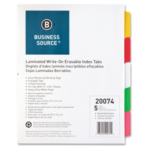 Business Source 20074 Write-on Tab Indexes, 5-Tab, 11"x8-1/2", 5 Tabs/ST, Multi by Business Source