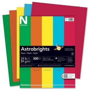Colored Paper, 24 lb., 8-1/2"x11", 500 Sheets/RM, Assorted by Astrobrights