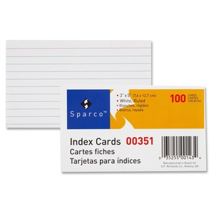 Sparco Products 00351 Index Card, Ruled, 8 Point, 75 lb., 3"x5", 100/PK, White by Sparco