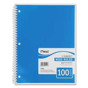 Spiral Notebook,1-Subject,Wide Rule,100 Sht,10-1/2"x8",AST by Mead