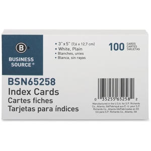 Business Source 65258 Index Cards, Plain, 90lb., 3"x5", 100/PK, White by Business Source