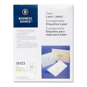 Business Source 26123 Mailing Labels, Laser, 1"x2-3/4", 1500/PK, Clear by Business Source
