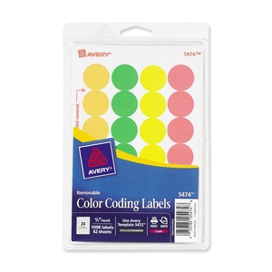 Removable Labels, 3/4" Round,1008/PK, Neon AST by Avery