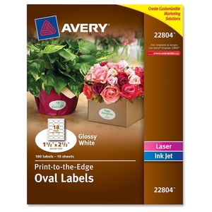 Avery 22804 Labels, Oval, 2-1/2"x1-1/2", 180/PK, Glossy White by Avery