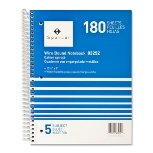 Notebooks,5 Subject,10-1/2"x8",Wide Ruled,180 Sht,AST by Sparco