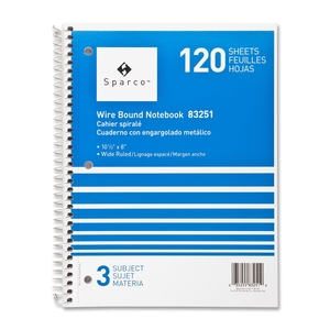 Notebooks,3 Subject,10-1/2"x8",Wide Ruled,120 Sht,AST by Sparco