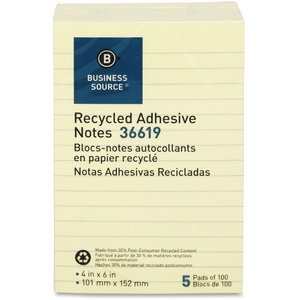 Recycled Adhesive Note Pads, Lined, 4"x6", 5/PK, Yellow by Business Source