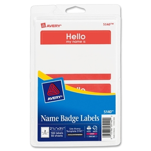 Name Badge Labels,"Hello"/Name,2-1/3"x3-3/8",100/PK,Red by Avery