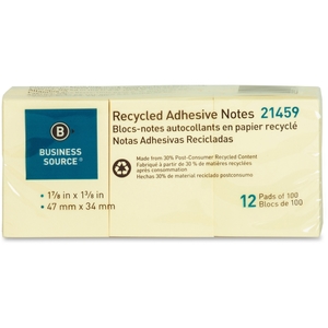 Recycled Adhesive Note Pads, 1-7/8" x 1-3/8", 12/PK, Yellow by Business Source