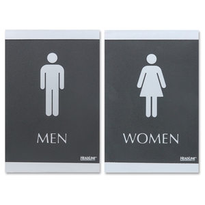 2 ADA Signs,"MEN", "WOMEN", Adhesive, 6"x9", Silver/BK by U.S. Stamp & Sign