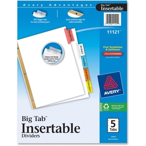 Avery 11121 WorkSaver Big Tab Insertable Dividers 11121, 5-Tab Set