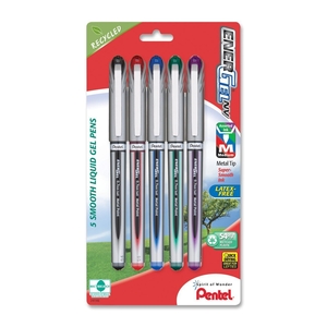 PENTEL OF AMERICA BL27BP5M Gel Pens, Metal Tip, Medium Point, 5/PK, AST Ink/ Silver by Pentel