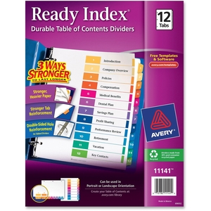 Avery 11141 Ready Index Dividers,TOC,1-12 Tab,3HP,8-1/2"x11",1/ST,Multi by Avery